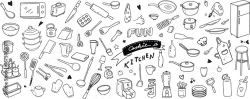 Set of kitchenware hand drawn such as pot, plate, glass, kettle, spoon, fork, pan, refrigerator, jar, mug. Baking accessories in doodle style. Vector illustration isolated on white background.