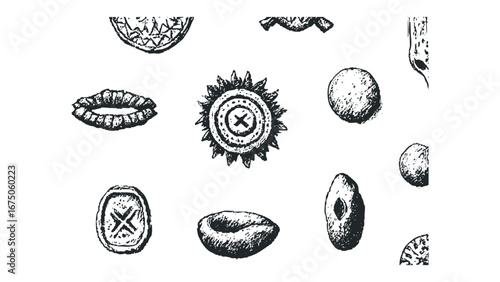 Abstract collection of hand-drawn ancient artifacts and symbols on a white background. Vector hand drawn illustration