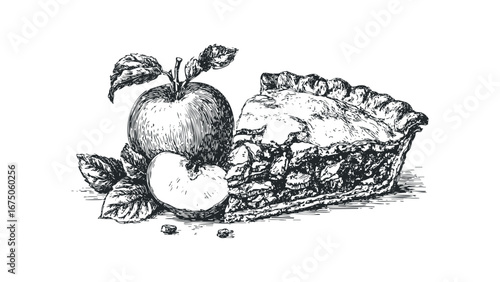 Hand-drawn sketch of a slice of apple pie next to fresh apples and leaves. Vector hand drawn illustration