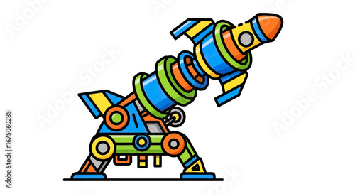 Colorful futuristic toy rocket launcher with a vibrant, cartoonish design and mechanical base.