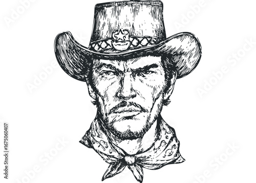 Striking sketch of a rugged cowboy with a determined gaze and hat. Vector hand drawn illustration