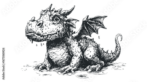 Young, Curious Dragon with Large Eyes and Spiked Wings. Vector hand drawn illustration