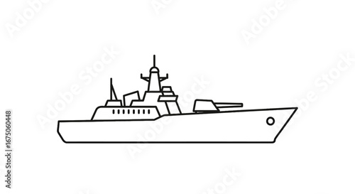 Modern naval warship icon in a minimalist black line art style. Side profile of a military frigate with a gun turret and radar mast.