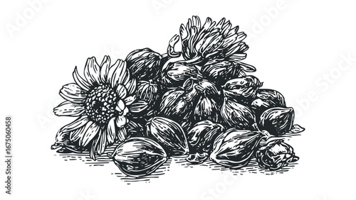 Black and white woodcut style drawing of a sunflower and dried hops. Vector hand drawn illustration