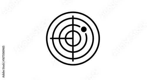 Black and White Radar Icon with Circular Rings and Target Dot