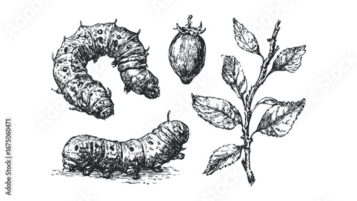 Black and White Sketch of Silkworms and Mulberry Leaf Branch. Vector hand drawn illustration