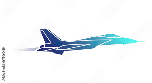 Stylized military fighter jet illustration with a textured blue to cyan gradient.