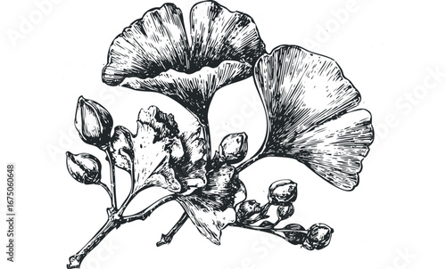 Ink drawing of Ginkgo biloba leaves and developing seed pods on a branch. Vector hand drawn illustration