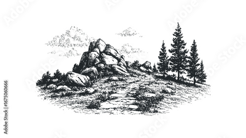 Stone pathway winding through rocky terrain with evergreen trees and scattered clouds. Vector hand drawn illustration