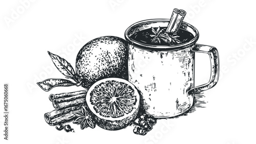 Warm Beverage with Orange, Cinnamon, and Star Anise. Vector hand drawn illustration