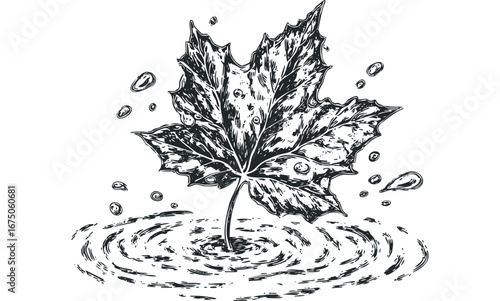 Hand Drawn Maple Leaf With Water Droplets on Rippling Surface. Vector hand drawn illustration