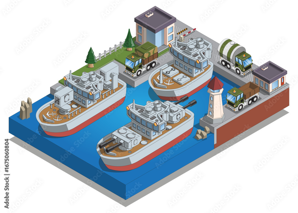 Obraz premium Naval base. Isometry. Isolated on white background. Vector illustration.