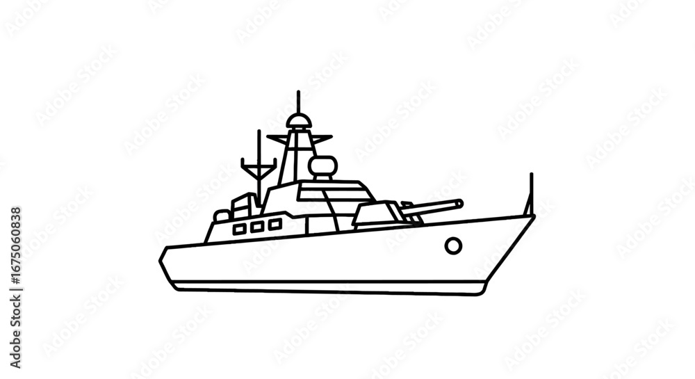 Obraz premium Simple black line art illustration of a modern naval warship with a gun turret and radar mast.