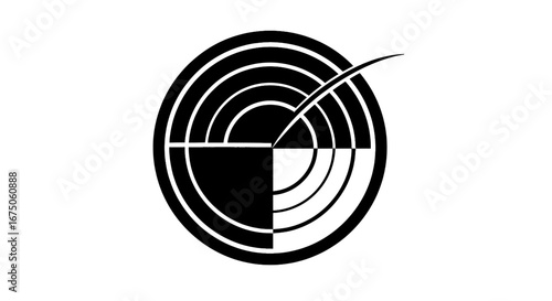 Monochrome circular emblem with concentric arcs, divided quadrants, and a dynamic swoosh.
