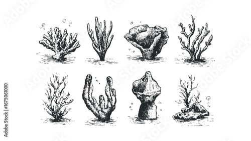Hand Drawn Collection of Various Marine Coral Specimens and Underwater Flora. Vector hand drawn illustration
