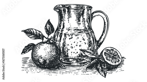 Glass pitcher filled with beverage and citrus fruit slices. Vector hand drawn illustration