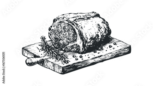 Hand Drawn Sketch of Raw Beef Rib Roast with Rosemary and Peppercorns on Wooden Board. Vector hand drawn illustration