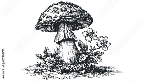 Antique Sketch of a Fly Agaric Mushroom with Wildflowers. Vector hand drawn illustration