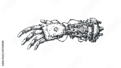 Detailed mechanical prosthetic arm with intricate joints and metallic plating. Vector hand drawn illustration
