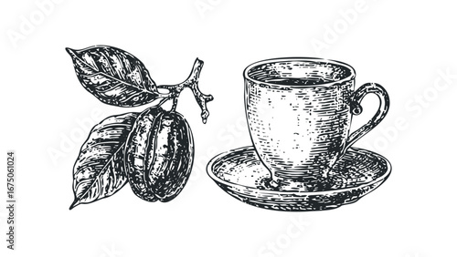 Hand drawn coffee beans with leaves and a cup of coffee on saucer. Vector hand drawn illustration