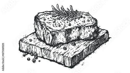 Hand-drawn meat steak with rosemary and peppercorns on wooden board. Vector hand drawn illustration