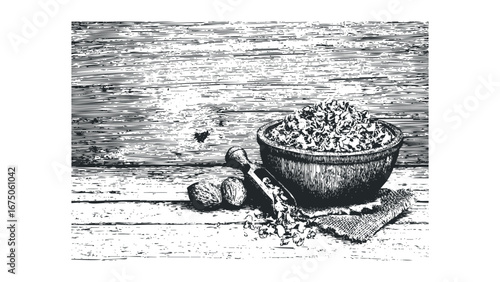 Wooden bowl filled with chopped nuts and a scoop on a textured wood surface. Vector hand drawn illustration