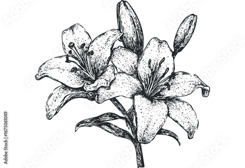 Detailed sketch of blooming lily flowers with buds on a white background. Vector hand drawn illustration