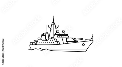 Black outline warship vector illustration, featuring a prominent main gun, detailed bridge, and mast.