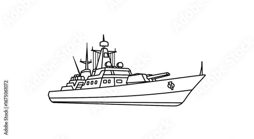 Outlined Military Warship with Guns and Antennas on White Background