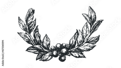 Vintage Style Botanical Wreath with Berries and Leaves in Black and White. Vector hand drawn illustration