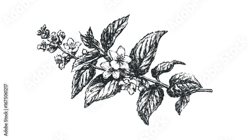 Hand Drawn Botanical Branch with Blossoms and Leaves. Vector hand drawn illustration