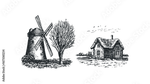 Sketch of a historic stone windmill and thatched cottage in a pastoral landscape. Vector hand drawn illustration