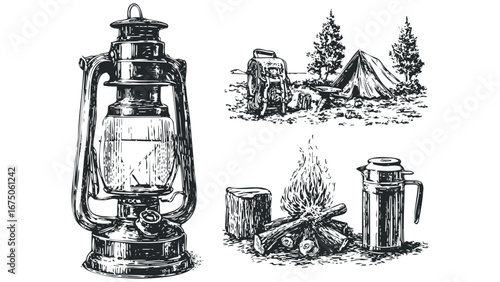 Vintage kerosene lantern and camping scene with bonfire and tent. Vector hand drawn illustration