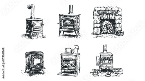 Collection of vintage wood burning stoves and stone fireplace illustrations. Vector hand drawn illustration