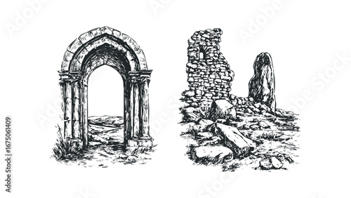 Antique stone archway and crumbling ancient wall with standing stone. Vector hand drawn illustration