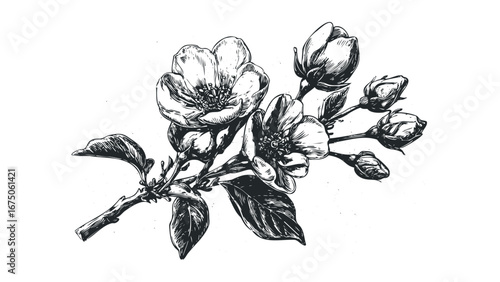 Ink drawing of a blooming apple branch with detailed petals and leaves. Vector hand drawn illustration