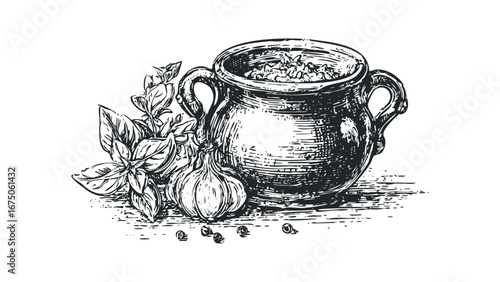 Vintage sketch of a rustic clay pot filled with food, alongside garlic and basil. Vector hand drawn illustration
