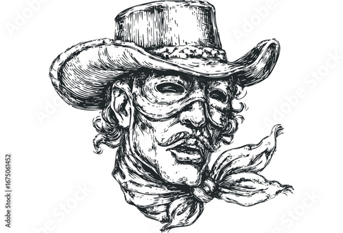 Western Cowboy with Bandana and Hat. Vector hand drawn illustration