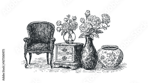 Ornate armchair beside antique drawer chest with floral arrangements in vases. Vector hand drawn illustration