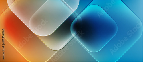 Abstract background features overlapping translucent squares. Colors transition from orange, gray, to blue. Smooth gradients create soft visual effect.