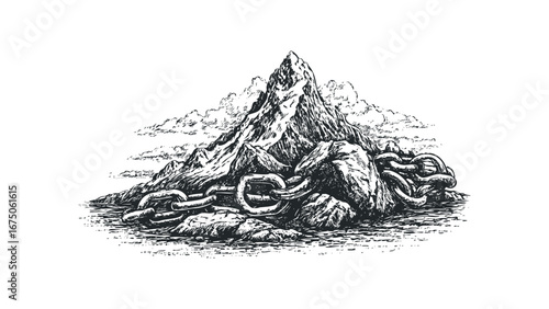 Chain secures formidable mountain peak against turbulent sea and cloudy sky. Vector hand drawn illustration