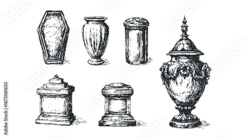 Collection of Gothic Tombstones and Urns. Vector hand drawn illustration