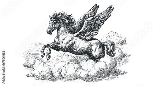 Majestic winged horse leaping through clouds in vintage engraving style. Vector hand drawn illustration