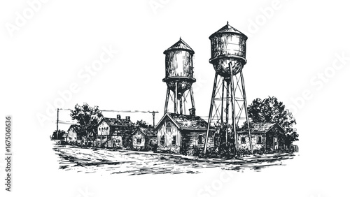 Sketch of a quaint village scene featuring two tall water towers and rustic buildings. Vector hand drawn illustration