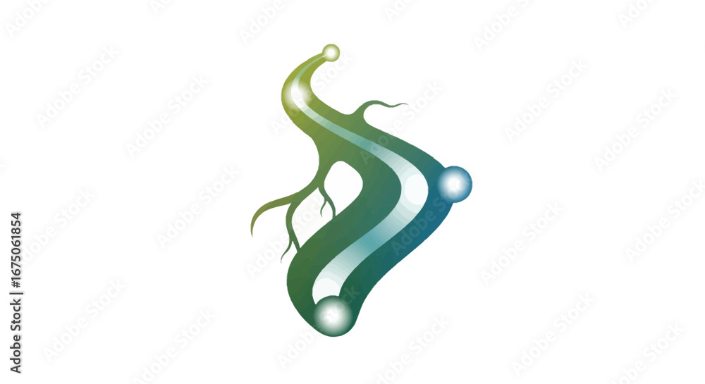 Obraz premium Abstract Green and Blue Swirling Shape with Spheres and Roots