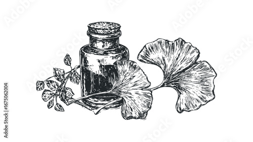 Ginkgo Biloba extract in a glass bottle with leaves on a white background. Vector hand drawn illustration