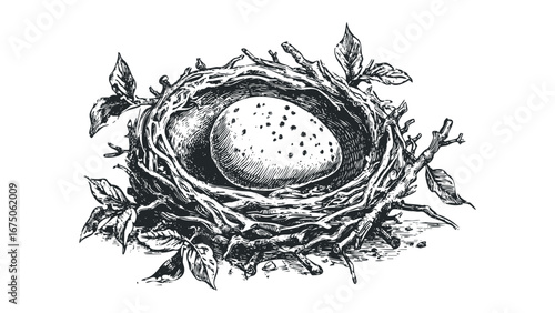Detailed sketch of a bird's nest holding a single spotted egg with surrounding branches and leaves. Vector hand drawn illustration