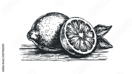 Engraved Citrus Fruit with Leaves on Wood Texture. Vector hand drawn illustration