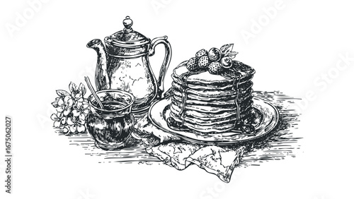 Hand-drawn illustration of stacked pancakes with berries and syrup next to a teapot and jam jar. Vector hand drawn illustration
