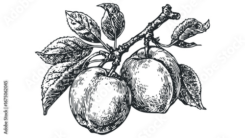 Vintage-style engraving of two ripe apples on a branch with detailed leaves. Vector hand drawn illustration